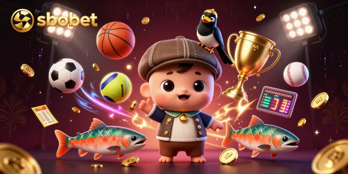Engage in sbobet sports betting excitement with a dynamic scene featuring playful characters and elements.