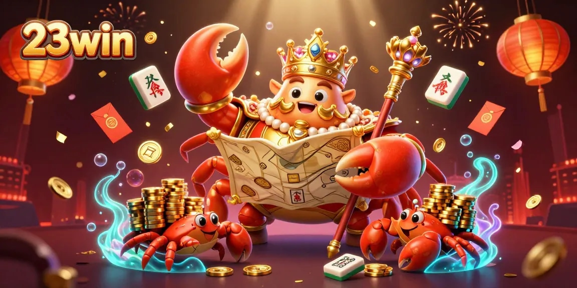 Engage with the vibrant casino world in 23win through this colorful illustration showcasing a golden crab emperor.