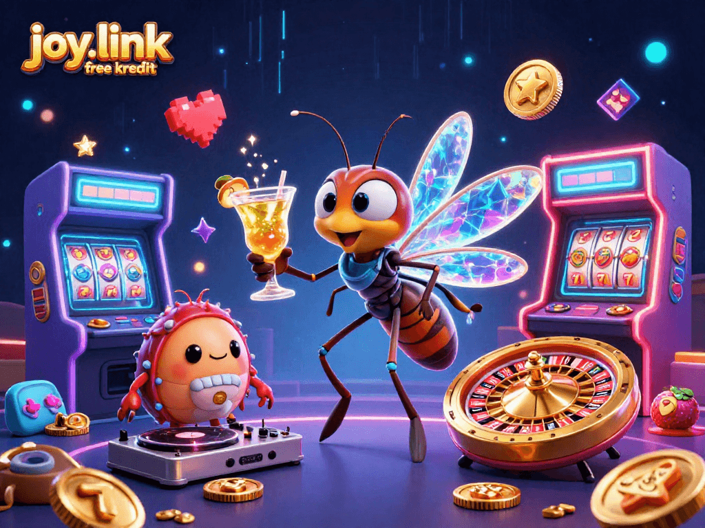 Experience joy.link free kredit with a lively casino scene featuring retro arcade elements and vibrant characters.
