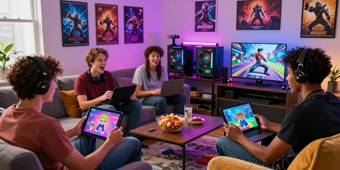 Engaging friends enjoying gay porn games in a vibrant gaming living room