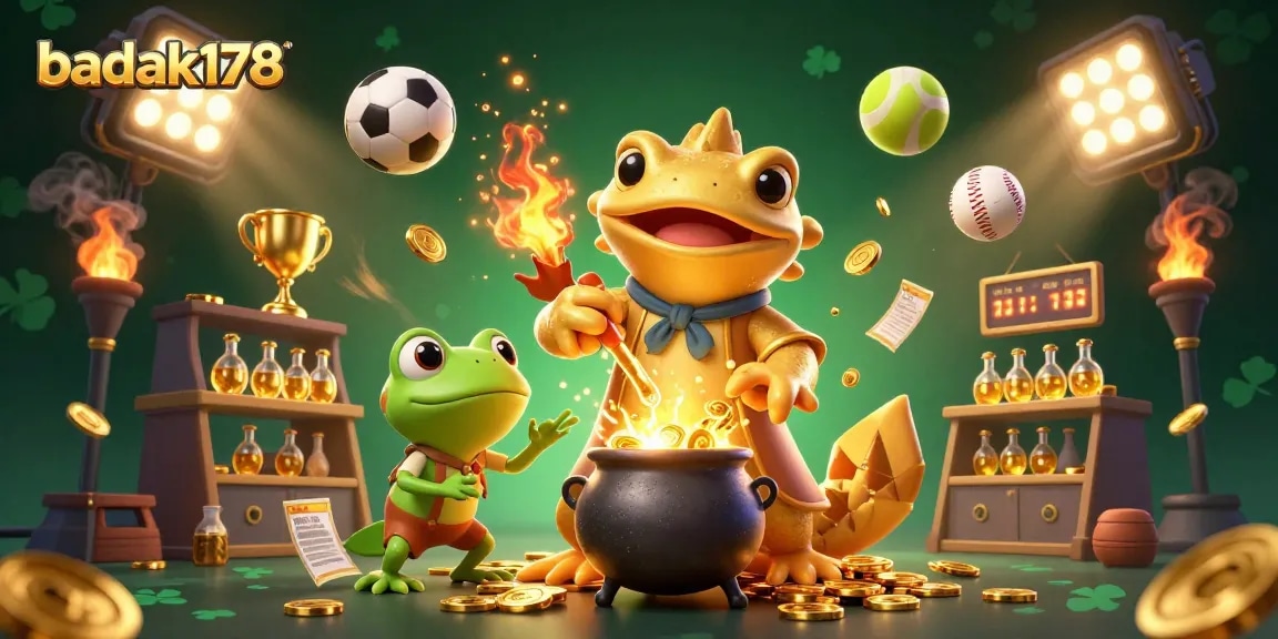 Experience thrilling action with badak178 in this vibrant betting scene filled with gold coins, sports elements, and alchemical magic.