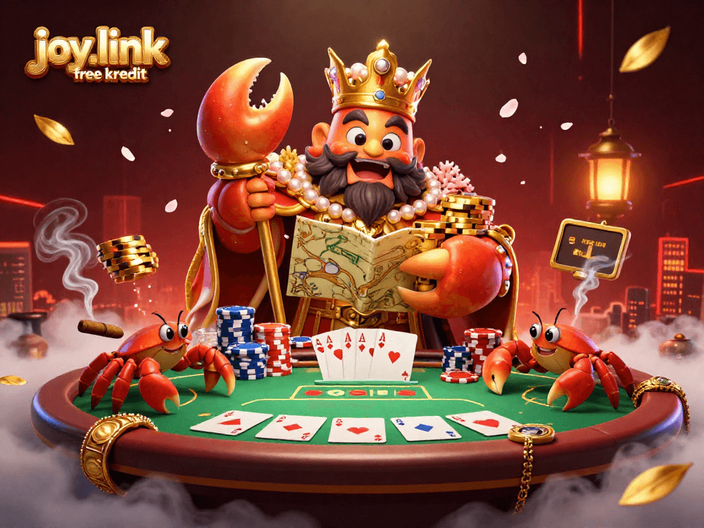 Engage in winning strategies with joy.link free kredit, featuring a golden crab emperor amidst poker elements.