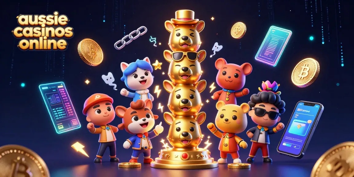 Engage with exciting games at aussie casinos online featuring vibrant 3D illustrations of a golden totem and crypto elements.
