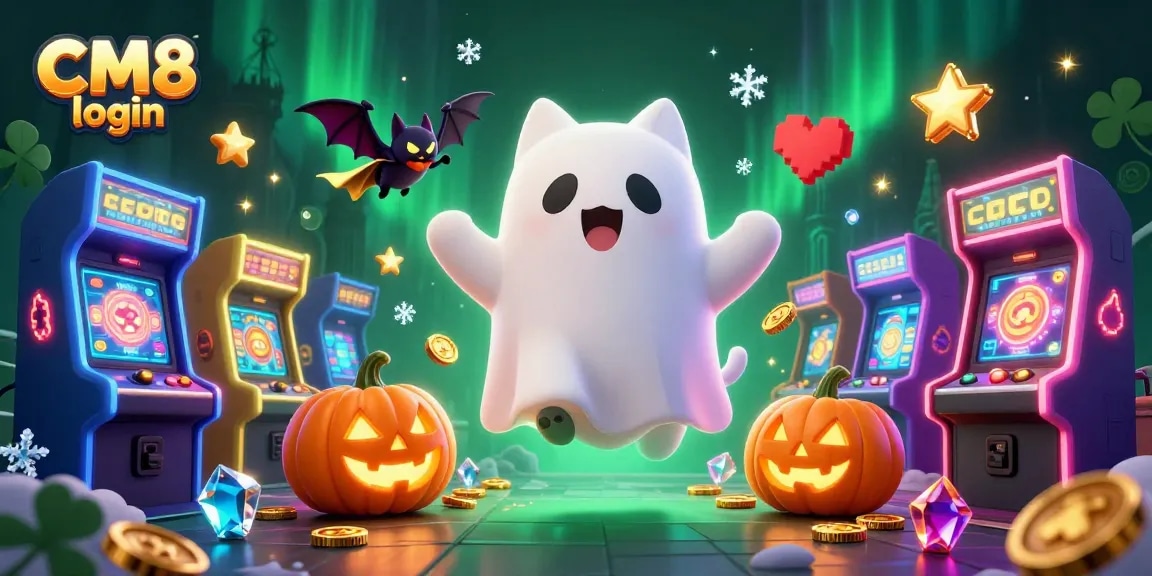 Experience the excitement at CM8 login with a ghost cat and vampire bat in a haunted casino