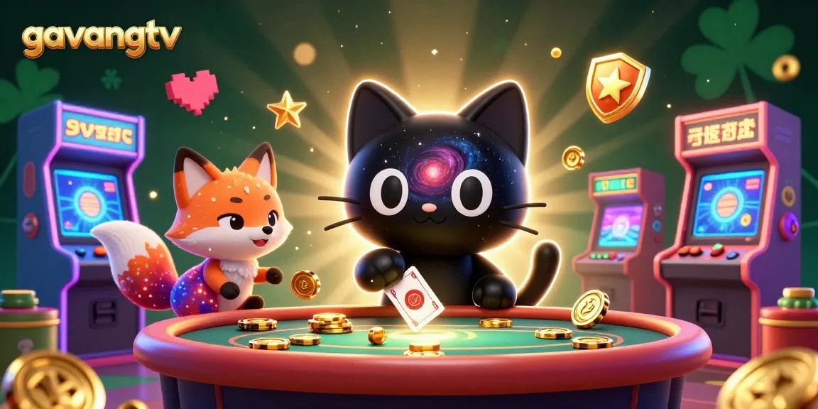 Experience the vibrant cosmic casino world of gavangtv, featuring a black hole cat and a nebula fox amidst gaming excitement.