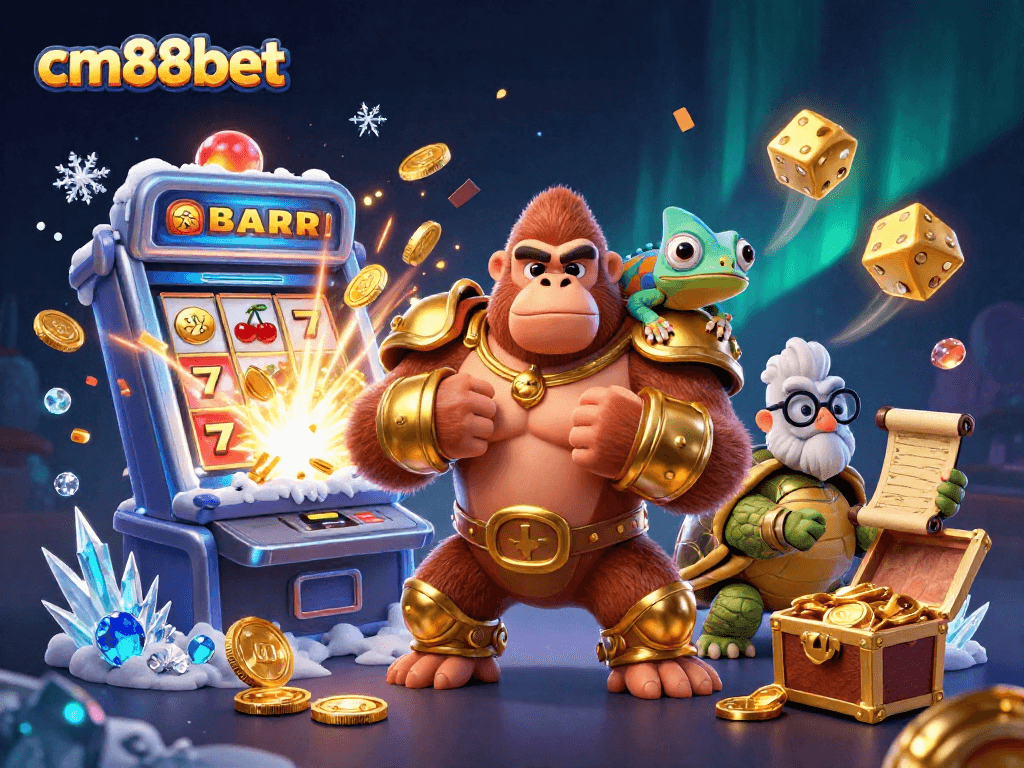 Engage with cm88bet's dynamic gaming experience with vibrant characters and jackpots bursting in this colorful casino illustration.