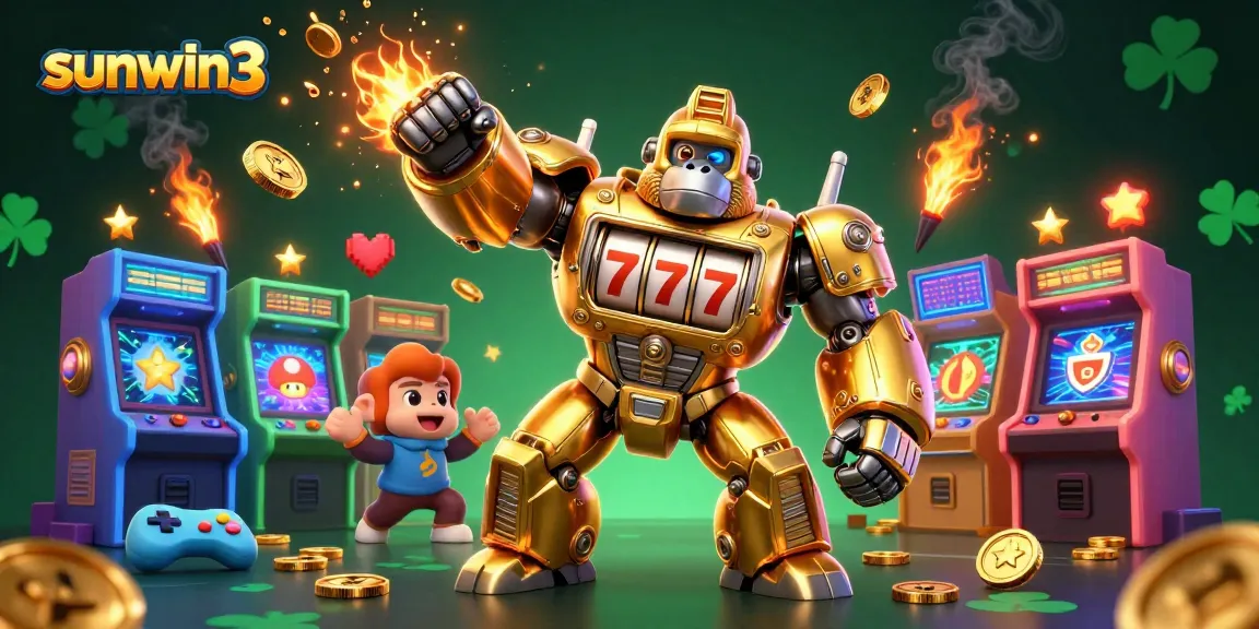 Play exciting slots at sunwin3 with a dynamic 3D illustration of a golden gorilla mech and gaming elements.
