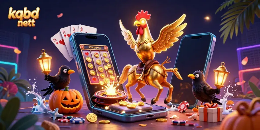 Engage with the kqbd nett gaming experience featuring a golden rooster in a lively casino scene surrounded by vibrant casino elements.