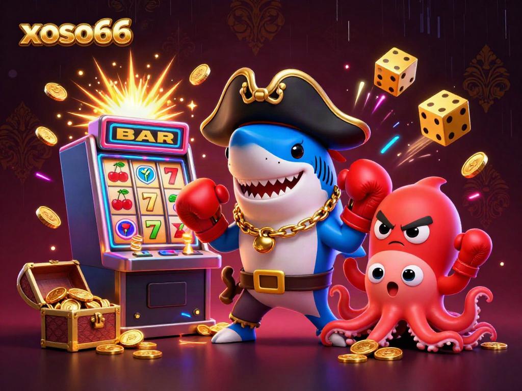 Engage with xoso66's fun gaming atmosphere featuring a pirate shark, pufferfish, and octopus amidst casino elements.