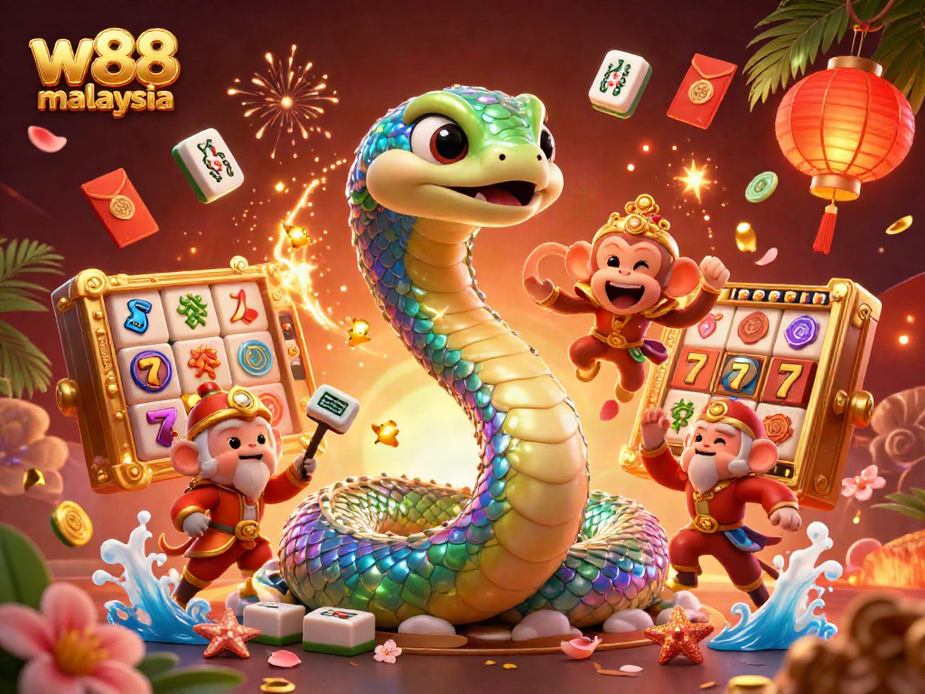 Engage with the colorful world of w88 malaysia's casino games featuring vibrant 3D elements and festive decorations.