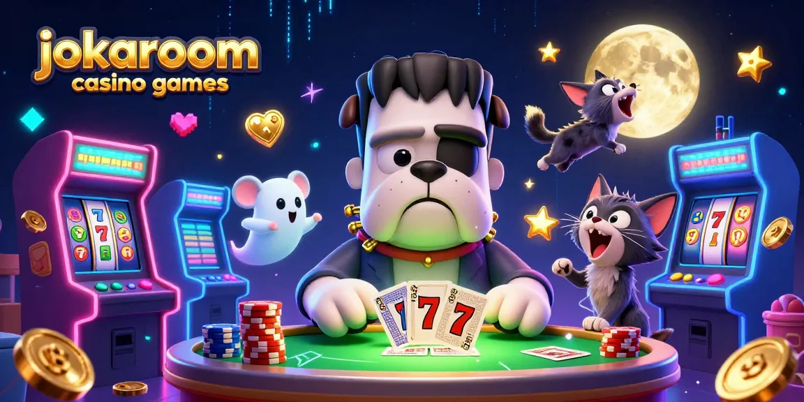 Engage with jokaroom casino games featuring a lively 3D scene of cartoon characters dealing cards at a spooky casino table.