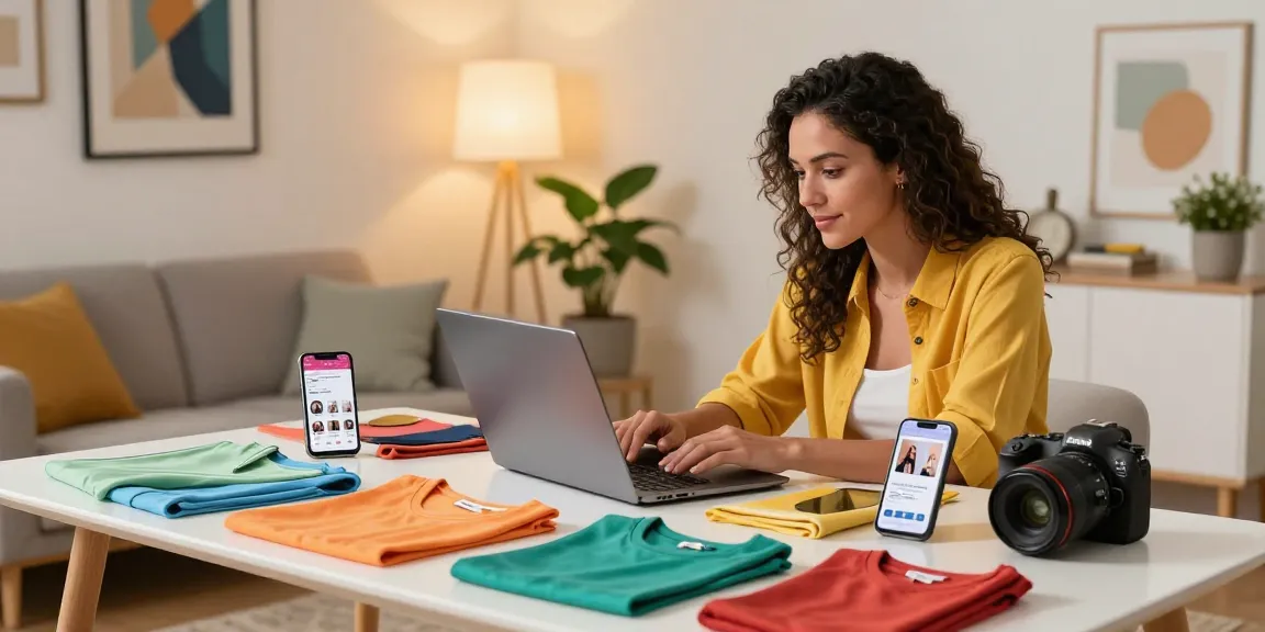 Engaging e-commerce shopping scene featuring a woman browsing at https://www.sukan8a.com/ with colorful fashion items around her.