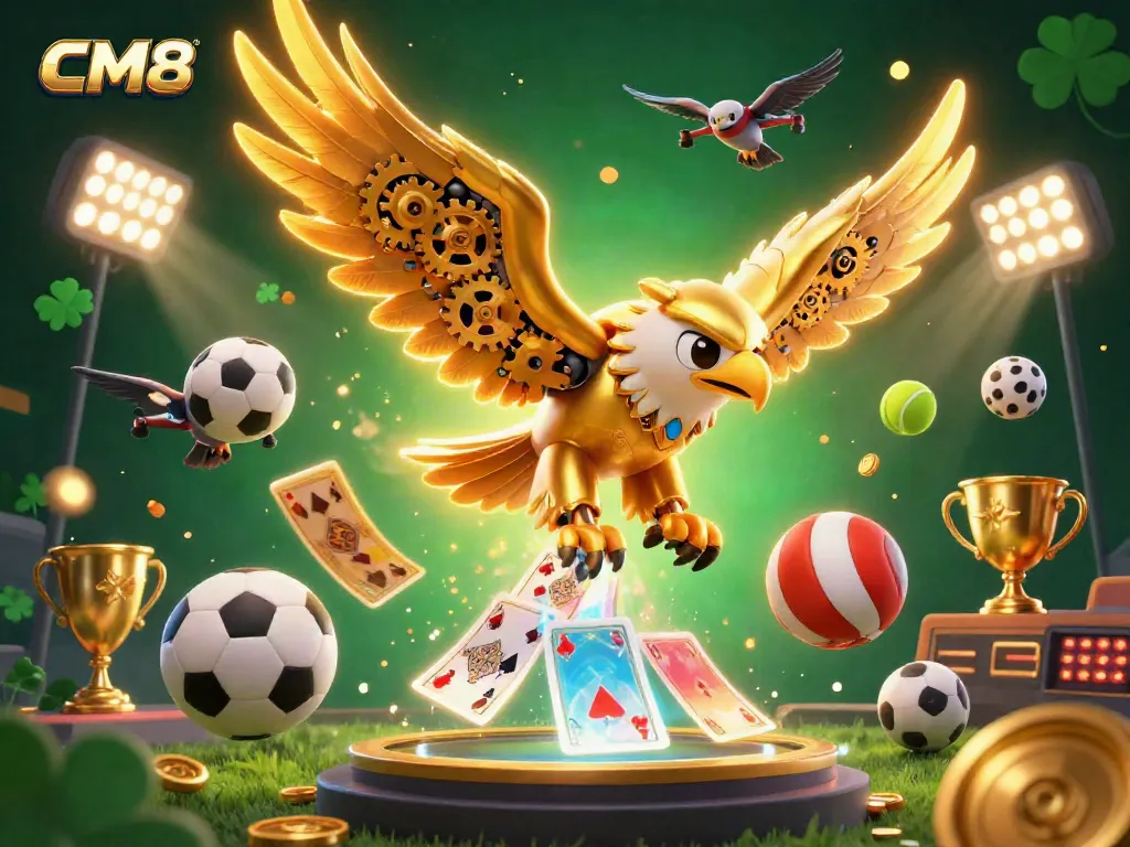 CM8 eagle flying through holographic playing cards with sports elements in a vibrant casino scene.