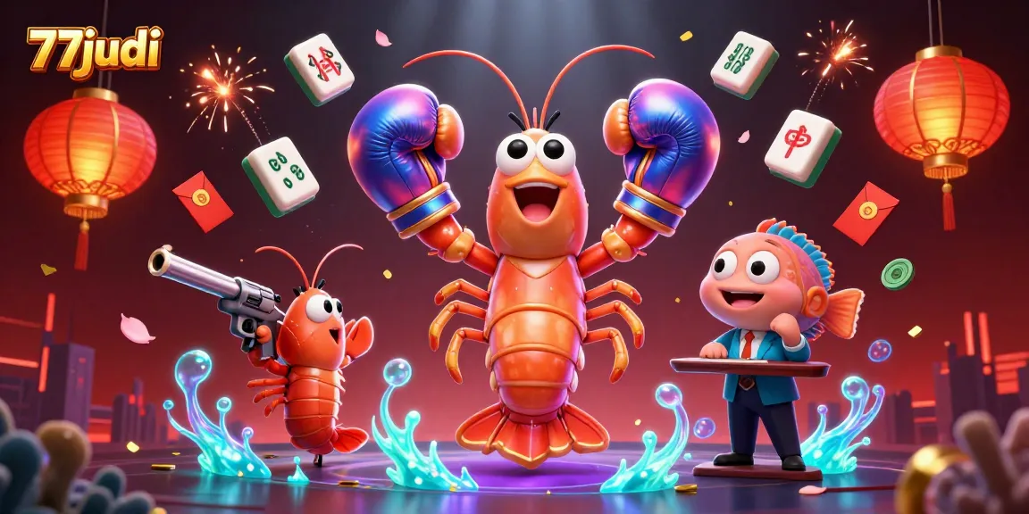 Experience winning moments at 77judi with vibrant gaming elements and dynamic shrimp characters.