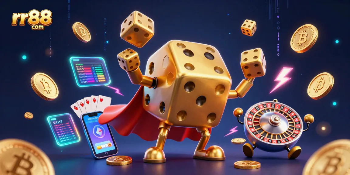 Bet real money and win rewards at rr88 com with dynamic 3D casino illustration featuring golden dice and crypto coins.