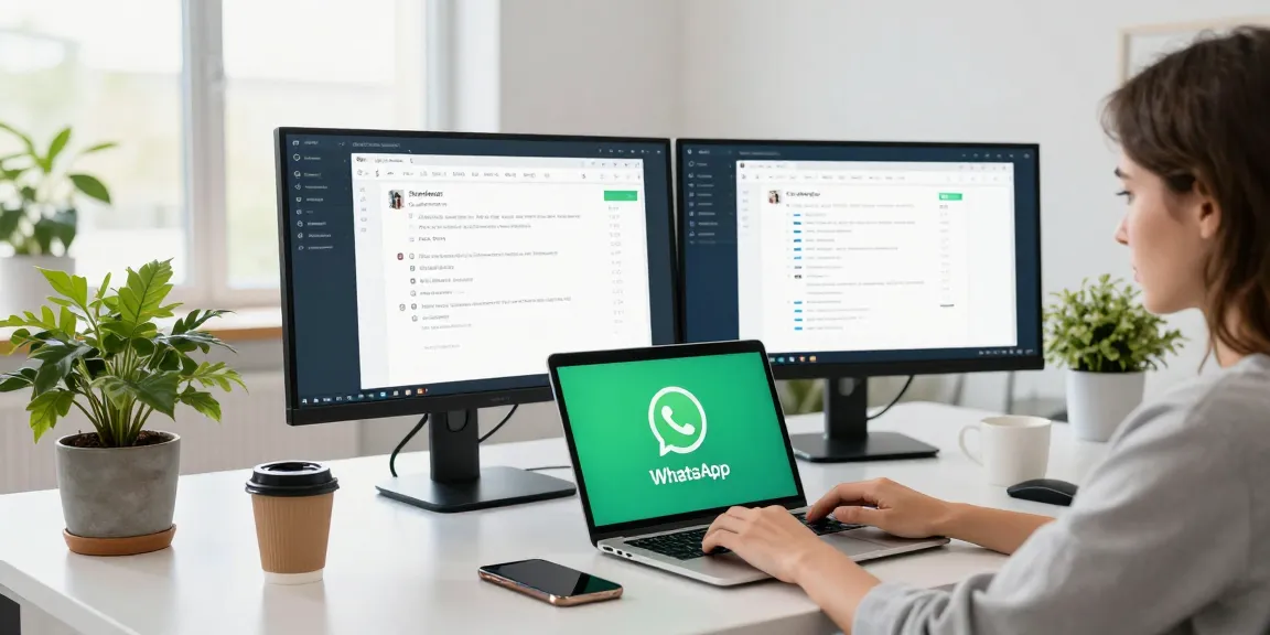 WhatsApp電腦版 usage in a modern office with dual monitors and a laptop for seamless communication.