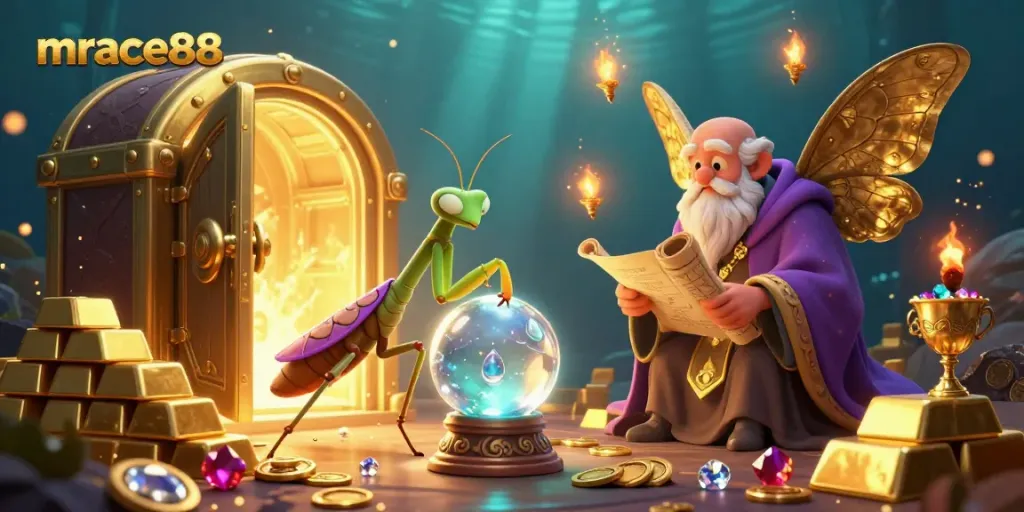 Engage with the vibrant mrace88 casino world, featuring slot reels, gems, and a mystical ambiance.