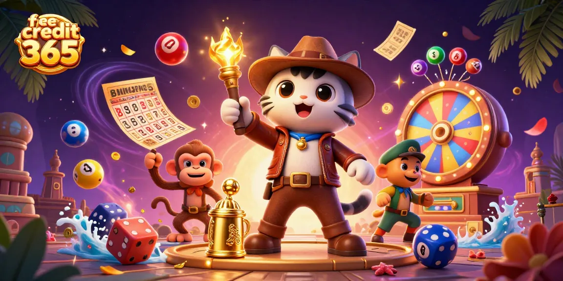 Play with free credit 365 at vibrant casino games, surrounded by colorful elements.