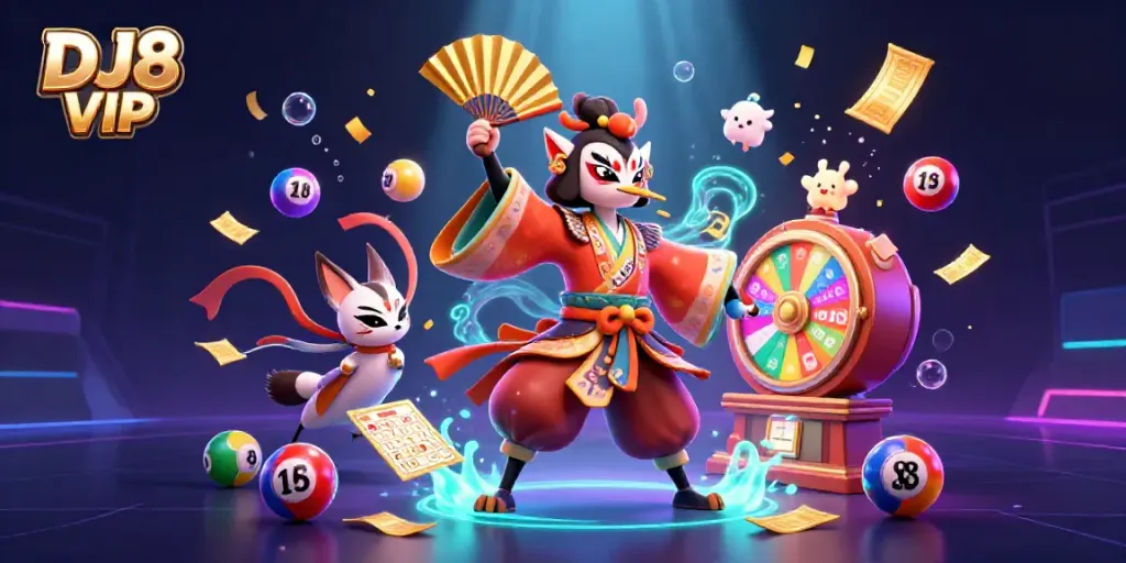 Engage with DJ8 VIP's vibrant lottery scene full of colorful elements and charismatic characters.
