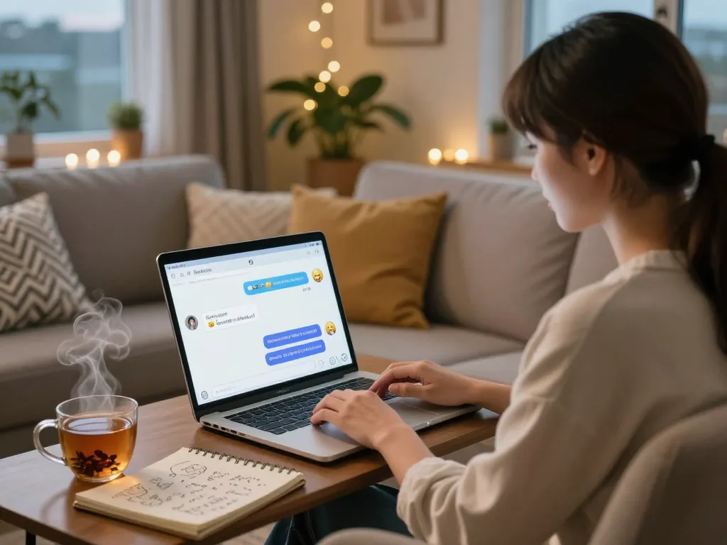 Engaging in ai sex chat on a cozy home sofa with warm lighting and digital interaction.