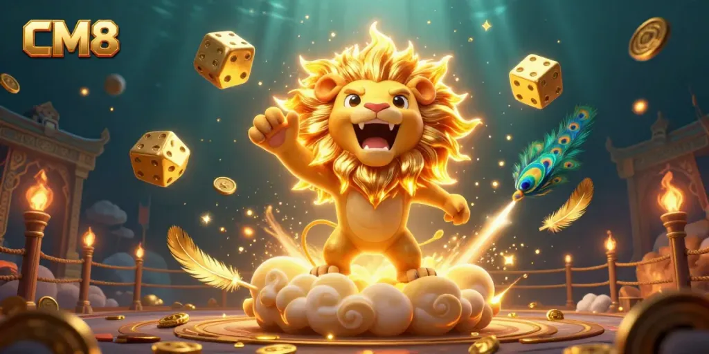 Experience thrilling gaming with CM8's vibrant casino illustration featuring golden dice and a roaring sun lion.