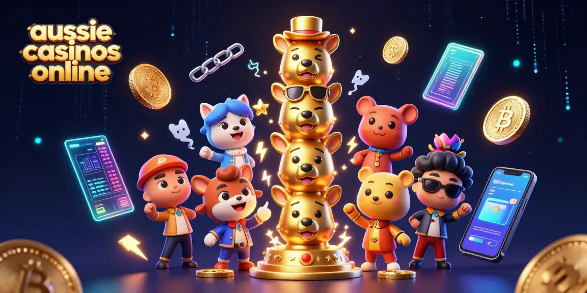 Engage with exciting games at aussie casinos online featuring vibrant 3D illustrations of a golden totem and crypto elements.
