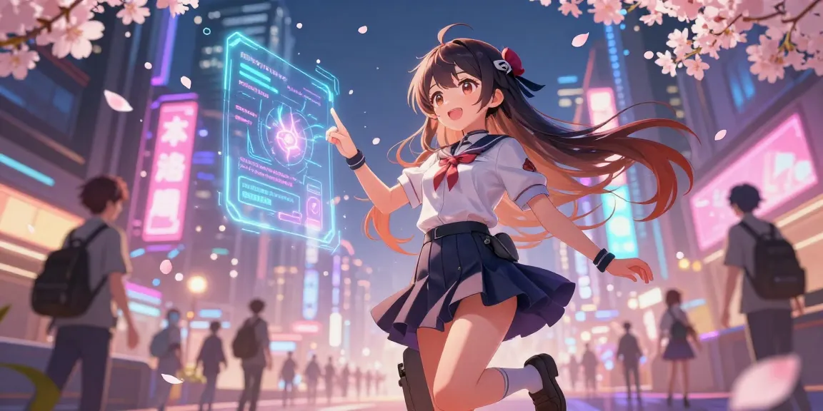 An AI ecchi character in a futuristic city, showcasing vibrant anime art and digital creativity.