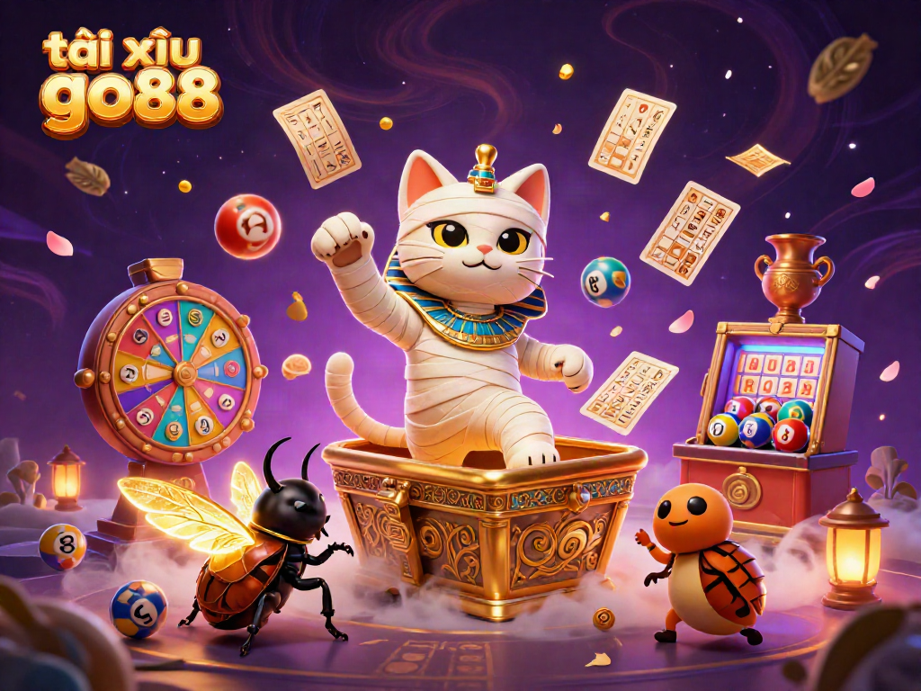 Engage in thrilling gameplay with tài xỉu go88, featuring a dynamic 3D scene of a mummy cat, golden scatter elements, and lottery balls.