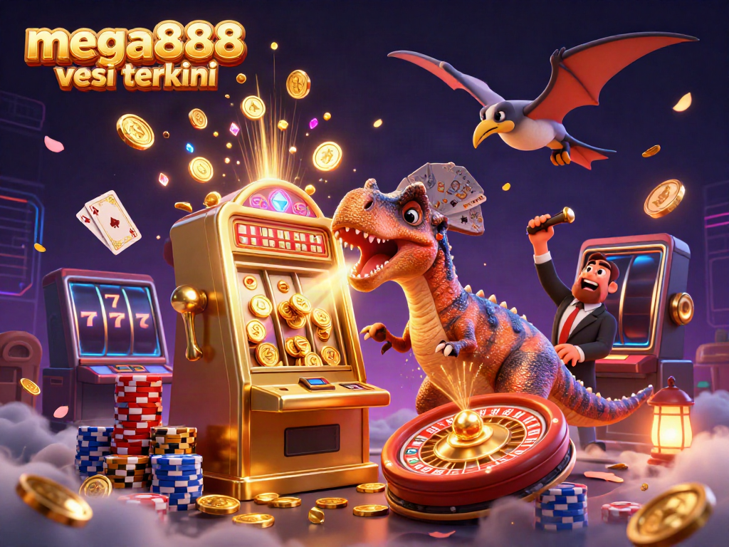 Experience the mega888 versi terkini excitement as a pachycephalosaurus wins a jackpot in a vibrant casino scene.
