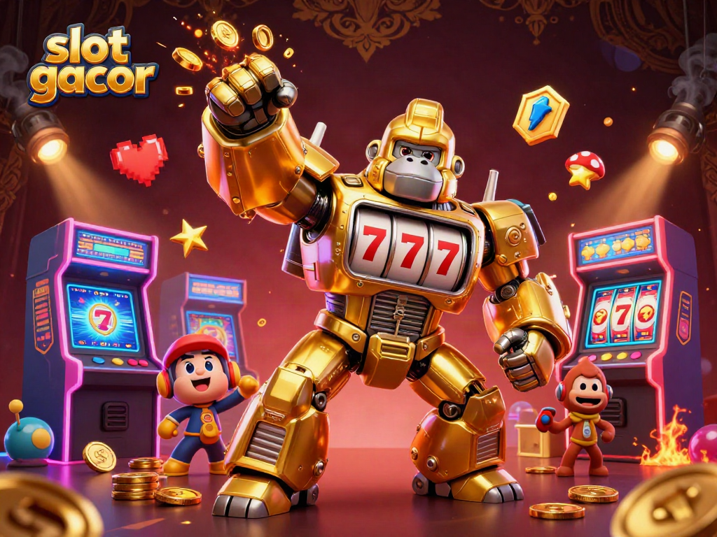 Engage with thrilling slot gacor action featuring a golden gorilla mech amidst vibrant casino elements.