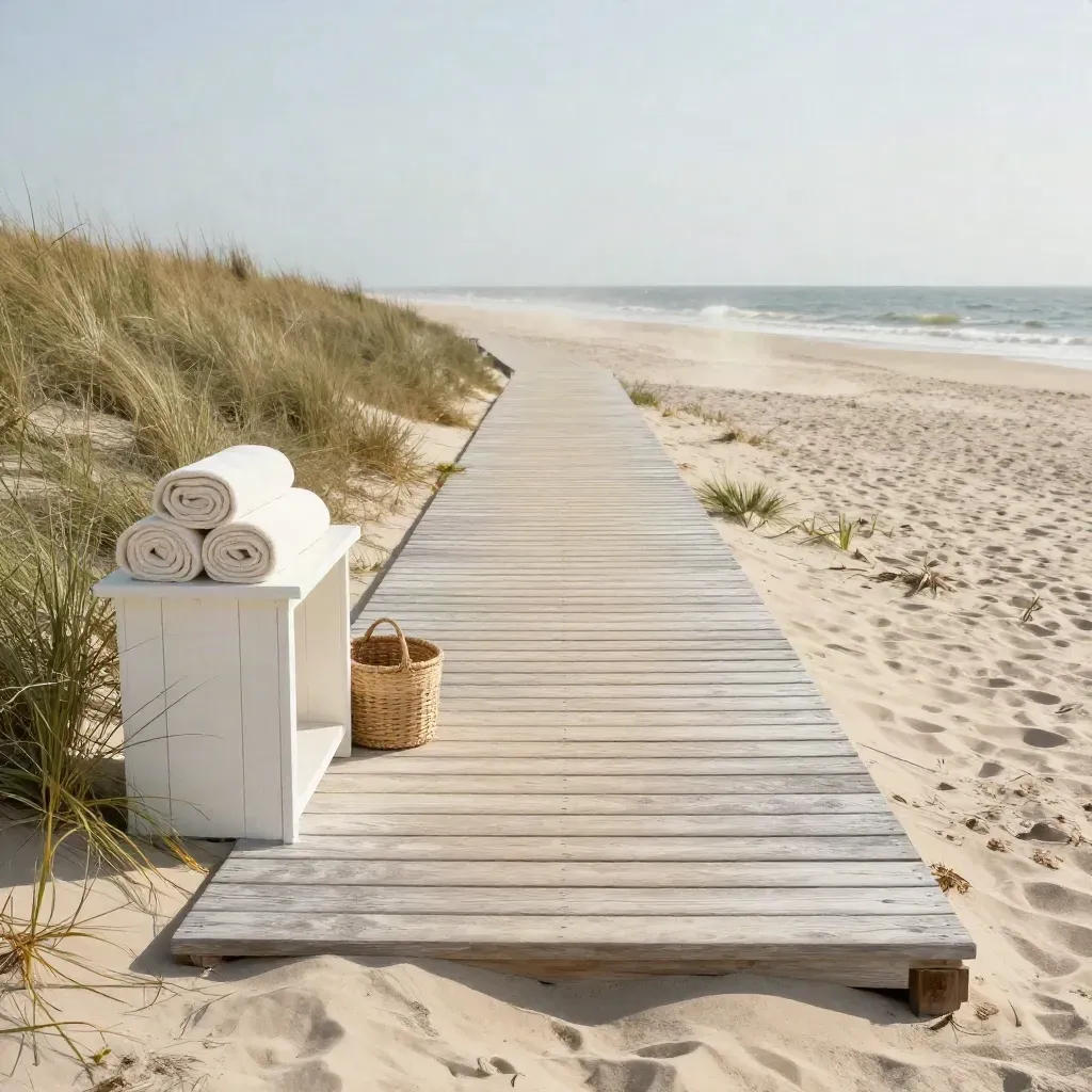 Jeti papan kayu menuju pantai dengan rak tuala, rumput pantai dan ombak kecil.