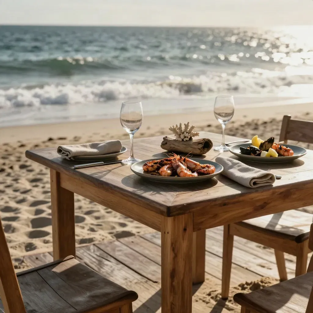 Meja makan tepi pantai dengan makanan laut panggang, kain linen dan laut senja.