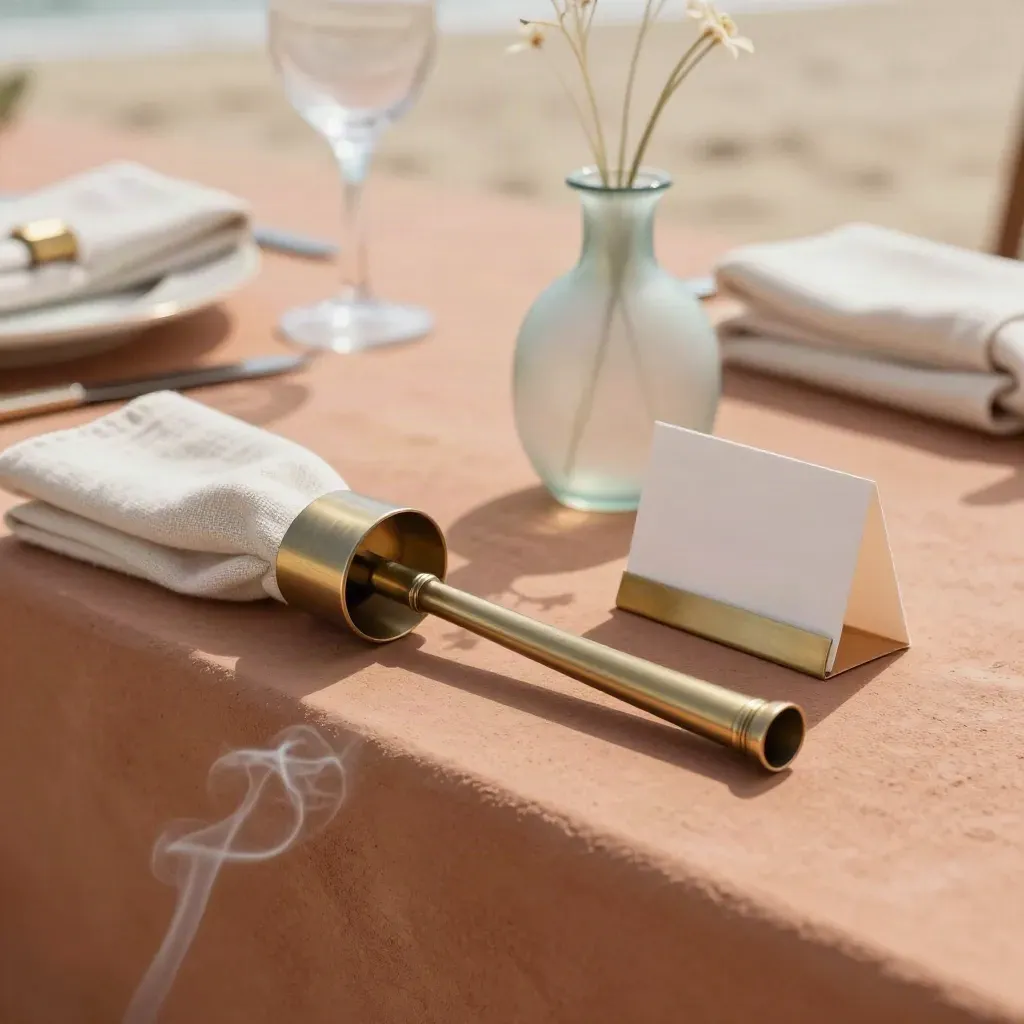 Kit gaya majlis dengan cincin napkin, snuffer lilin dan pasu bunga di atas permukaan terrakota.