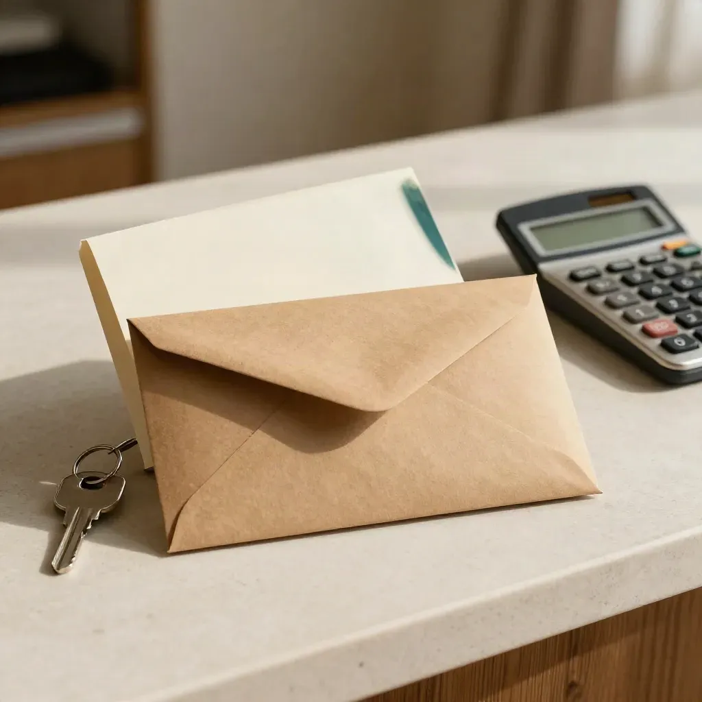 Sampul cadangan kraft, cincin kunci dan kalkulator terbalik di kaunter plaster lembut.