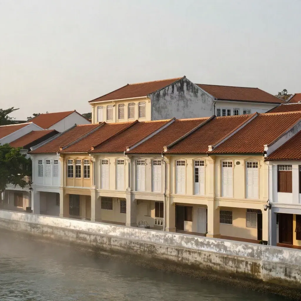 Rumah kedai warisan Pulau Pinang di tepi laut dengan langit petang mendung lembut.