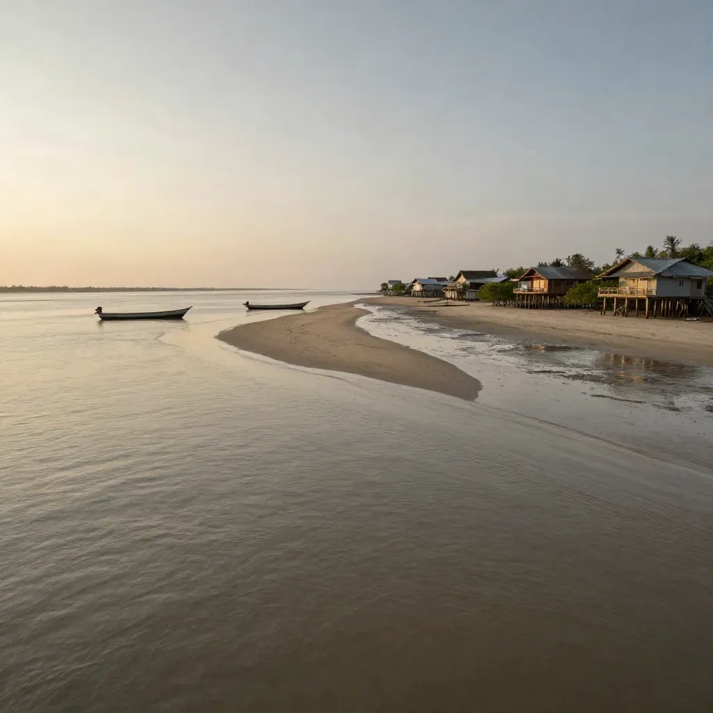 Muara Terengganu waktu senja dengan bot berlabuh dan rumah kayu atas tiang