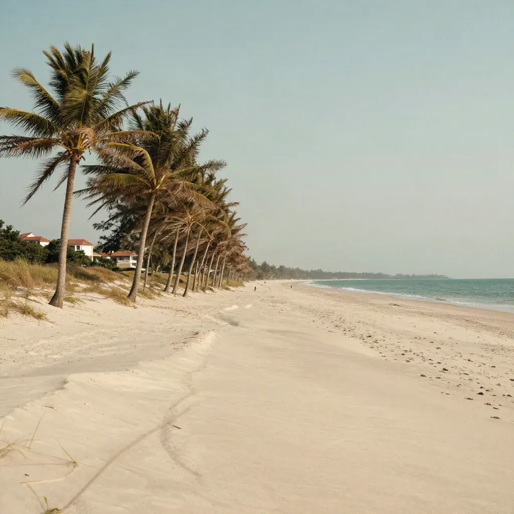Pantai berpasir lembut di Johor dengan pokok casuarina dan bumbung resort berkabus.