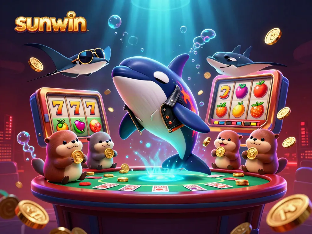 Experience winning thrills with sunwin as a daring orca leaps amidst slot reels, golden coins, and lively sea creatures.