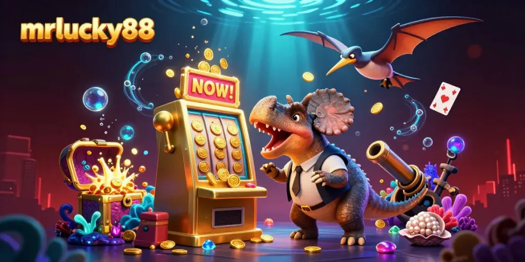 Exciting mrlucky88 casino action with prehistoric characters enjoying jackpots and coins