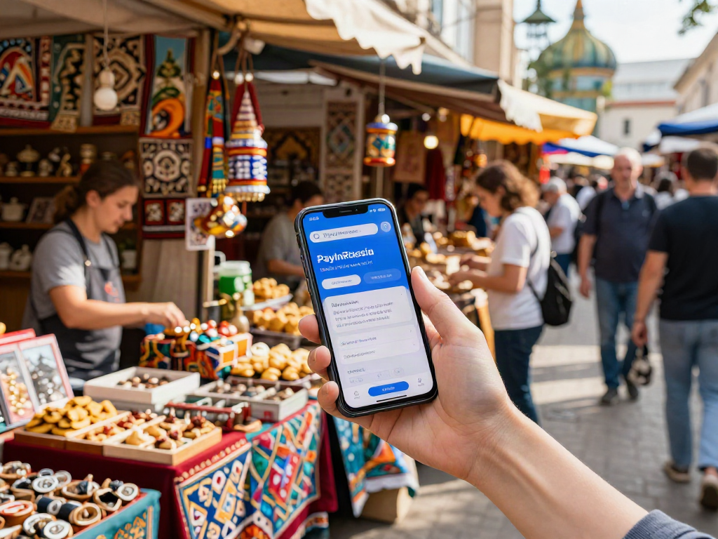 Pengembara menggunakan aplikasi https://payinrussia.com/ di pasar yang meriah untuk pembayaran yang mudah dan tanpa masalah.