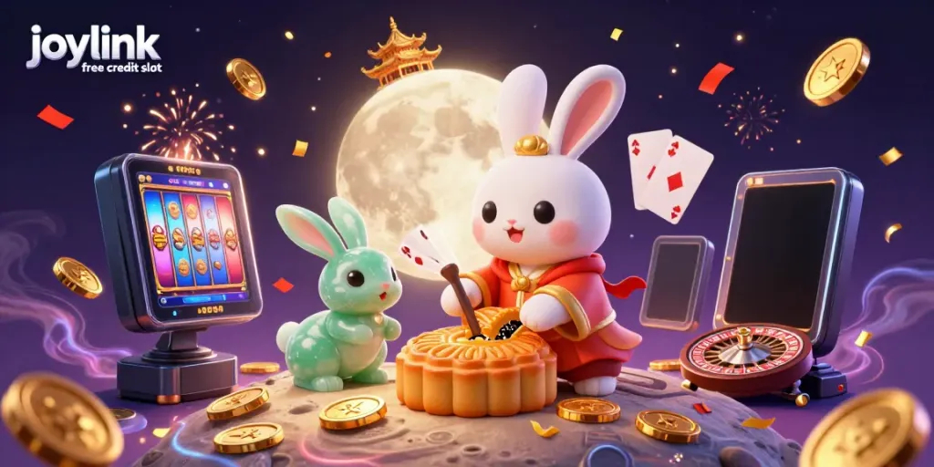 Engage with joylink free credit slot in a vibrant 3D illustration featuring a moon rabbit, golden coins, and gaming elements.