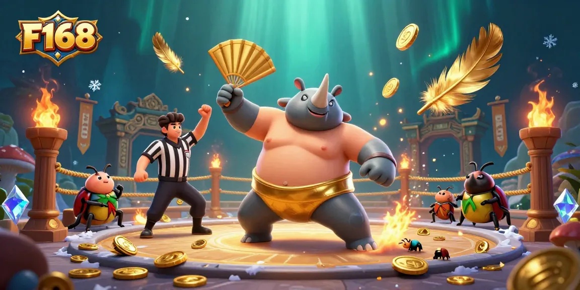 Experience thrilling action at F168 with a dynamic beetle sumo champion and vibrant casino elements
