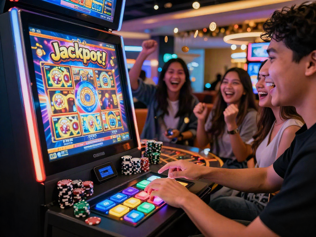 Player enjoying slot gacor malam ini at a lively casino, surrounded by excitement and colorful machines.