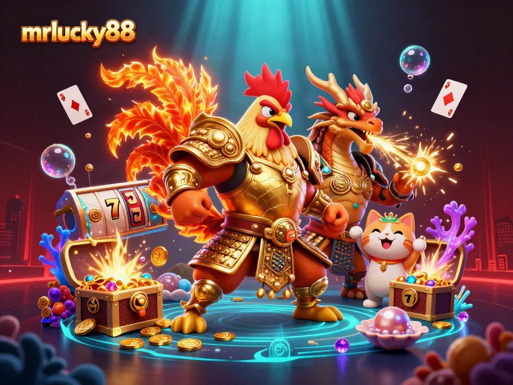 Join the fun at mrlucky88 with roaring rooster warrior and dragon amidst treasure and gaming elements.