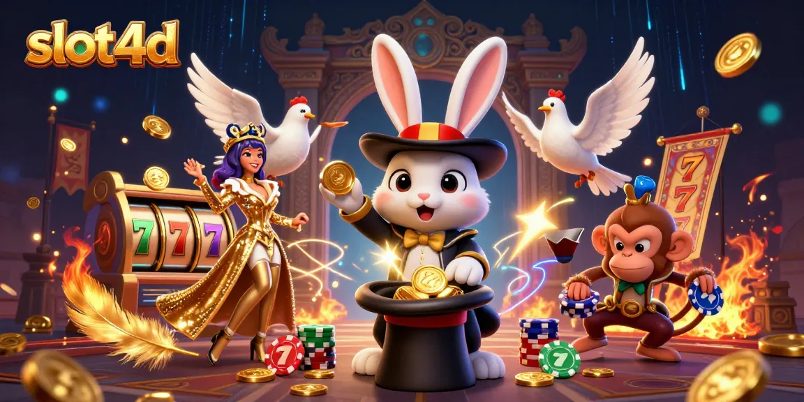 Engage with slot4d’s magical scene featuring a rabbit conjuring coins amidst casino elements.