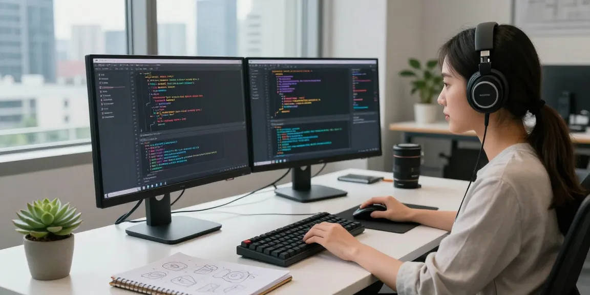 A software developer working at her desk, coding with colorful snippets on screens, showcasing the WPS Official Website and modern technology.