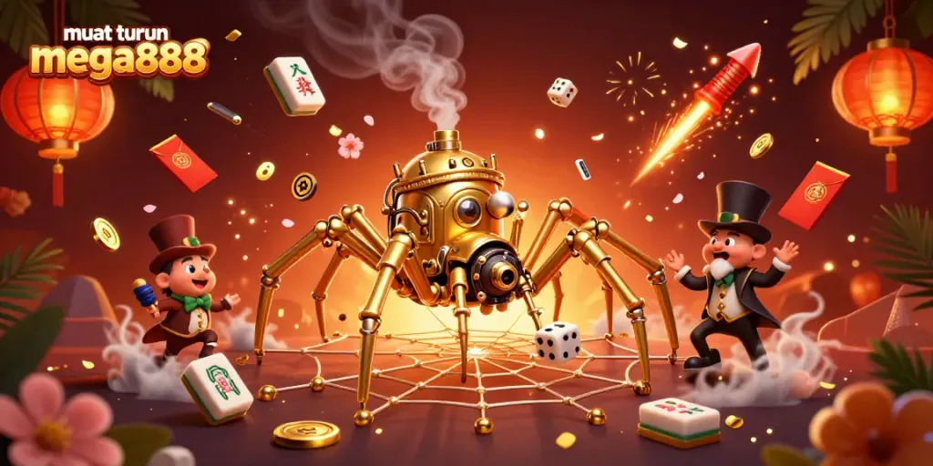 Muat turun mega888 with a steampunk spider and search for luck in a vibrant online casino scene.