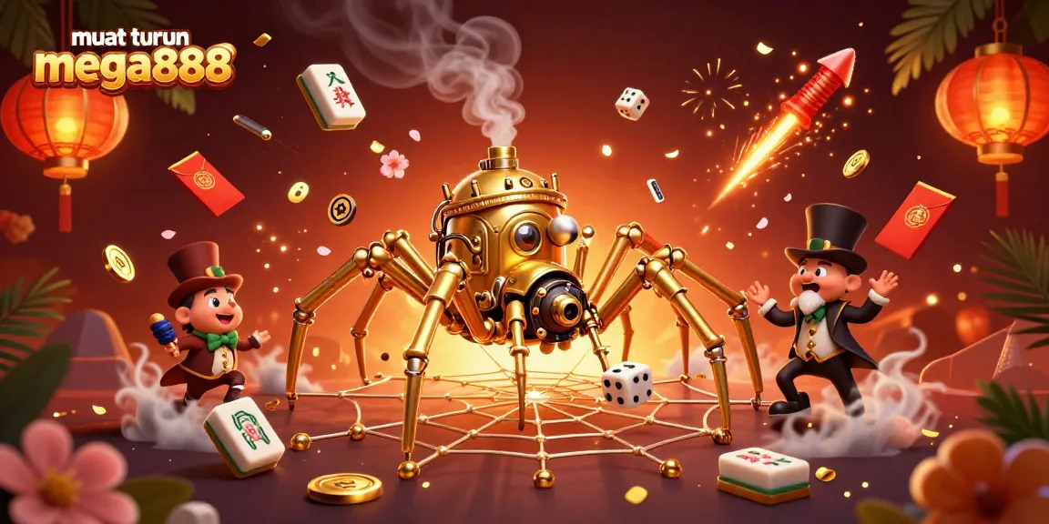 Muat turun mega888 with a steampunk spider and search for luck in a vibrant online casino scene.