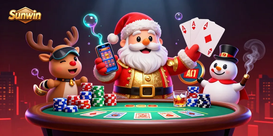 Win big at Sunwin with this vibrant casino scene featuring Santa and friends playing cards!