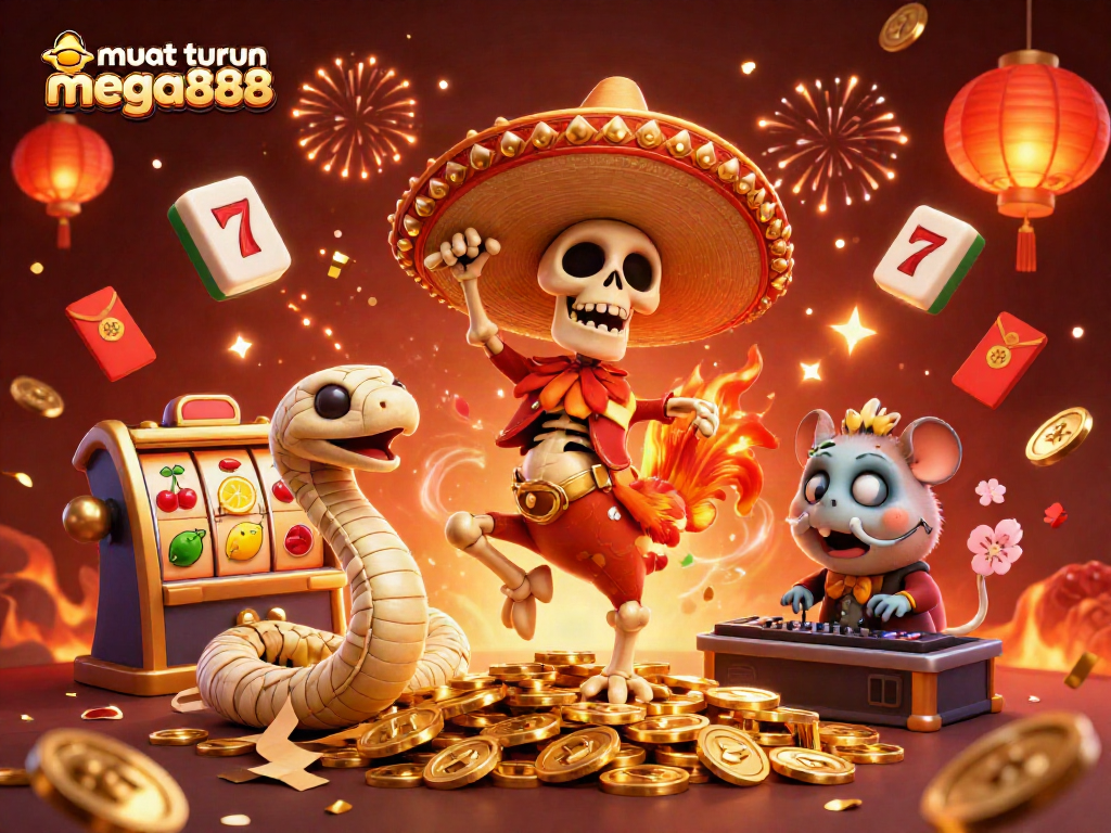 Muat turun mega888 with a vibrant scene featuring a dancing mariachi rooster surrounded by slot machine elements.